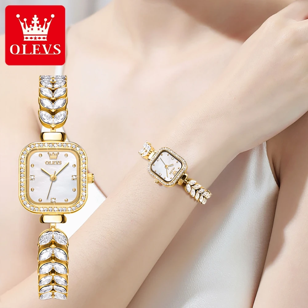 OLEVS Brand Original Women\'s Watches Luxury Fashion Waterproof Fishbone Chain Bracelet Quartz Watch With Diamonds Square Dial