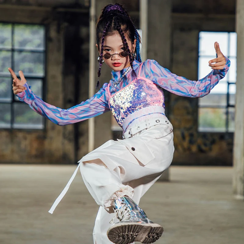 Sequins Hip Hop Clothes Girls Kpop Outfit Festival Clothing Tie-Dye Tops White Cargo Pants Kids Street Dance Costume DL9254