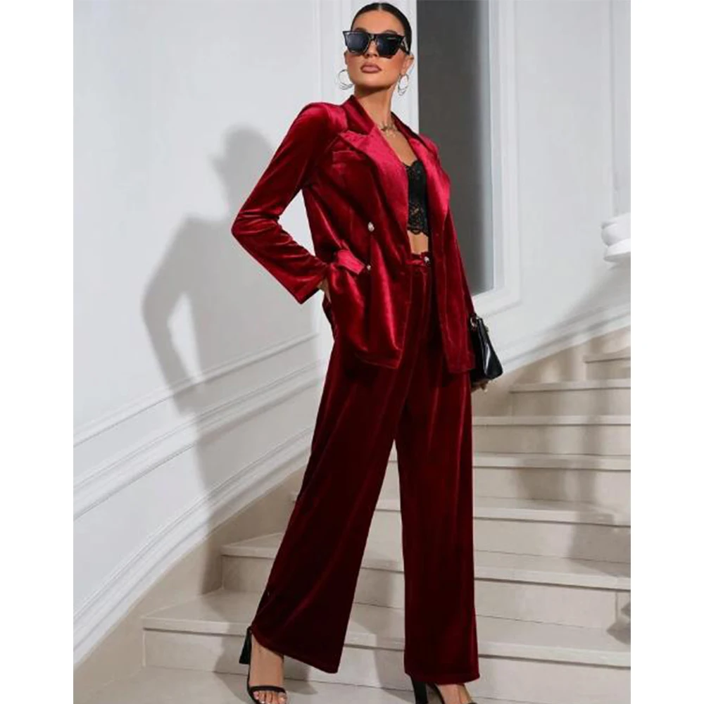 Women\'s Set Woman 2 Pieces Ladies Elegant Suit Pants Jacket Two Piece Velvet Business Work Wear Double Breasted Sets for Women