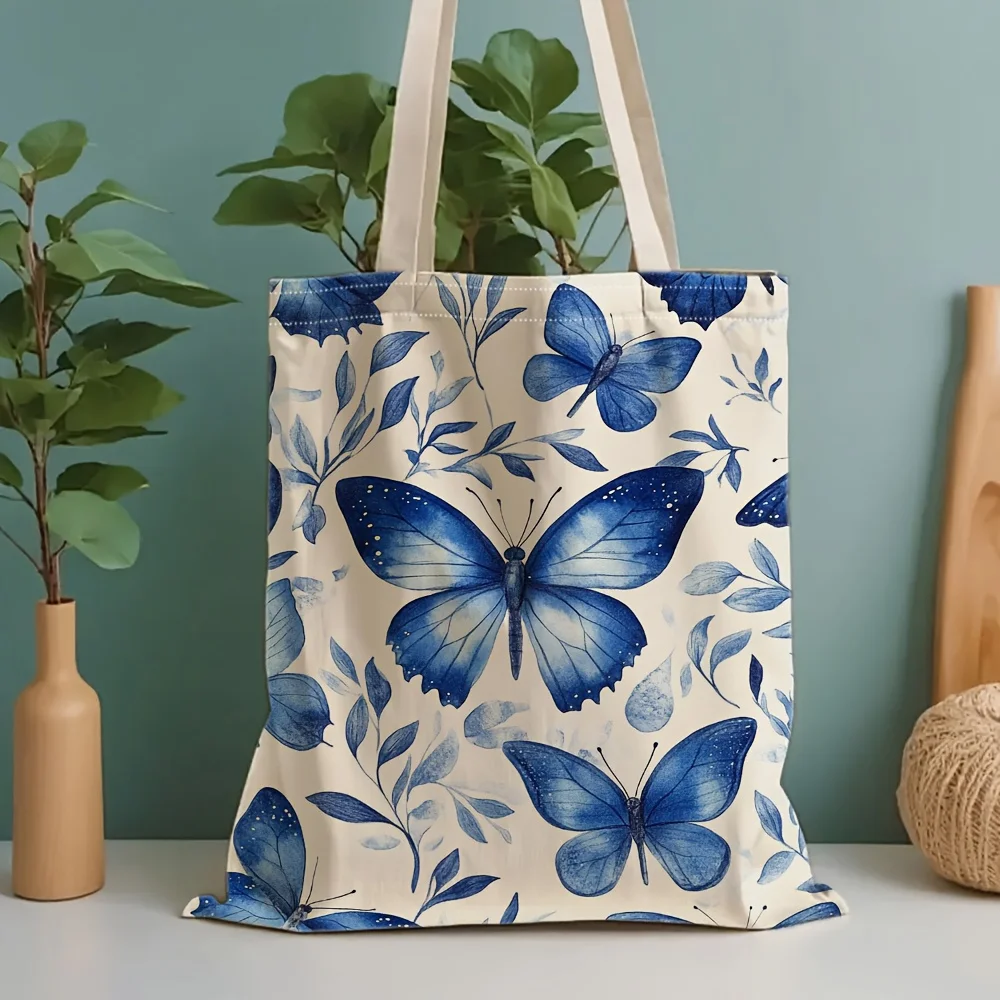 1pc Printed Tote Bag, Blue Butterfly Leaf Pattern - Fresh and Stylish Design for Daily Commute, Shopping, Picnics & Outdoor Use,