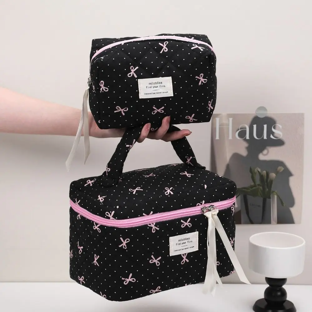 Black Pink Bow Quilted Makeup Bag Polka Dot Daily Cotton Cosmetic Bag Large Coquette Makeup Pouch