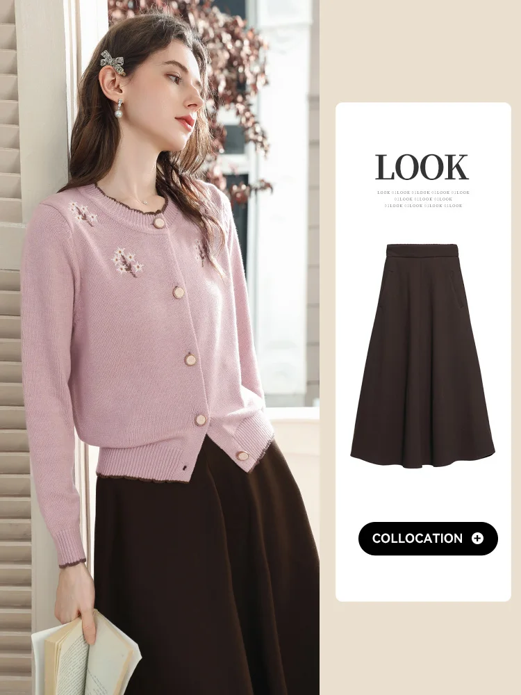 سترة نسائية من I Believe You لخريف 2025 سترة محبوكة مطرزة باللون الأرجواني الجديد بأكمام طويلة 2254146098