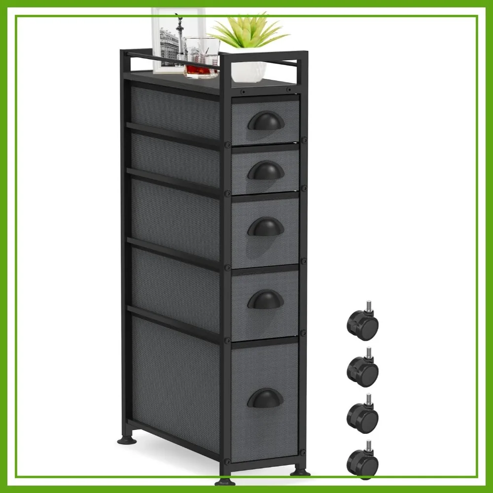 

5 Drawer Narrow Slim Cabinet Storage Tower, Ideal for Small Spaces, Between Washer and Dryer, Lightweight Mobile on Wheels, Sturdy Fabric Drawers