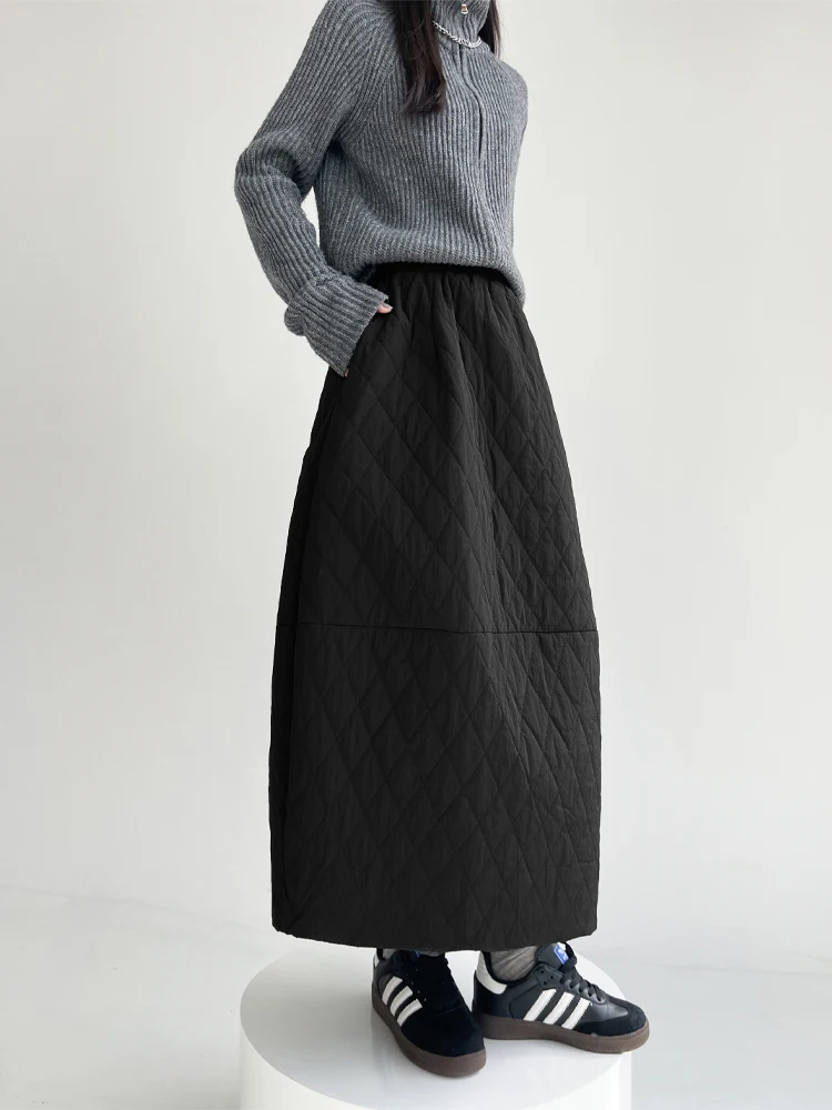 Thiened Bla Lantern Skirt Women's Autumn Winter Elastic Waist A-Line Slit Long Cotton f Skirt Design Sense Diamond Qui...