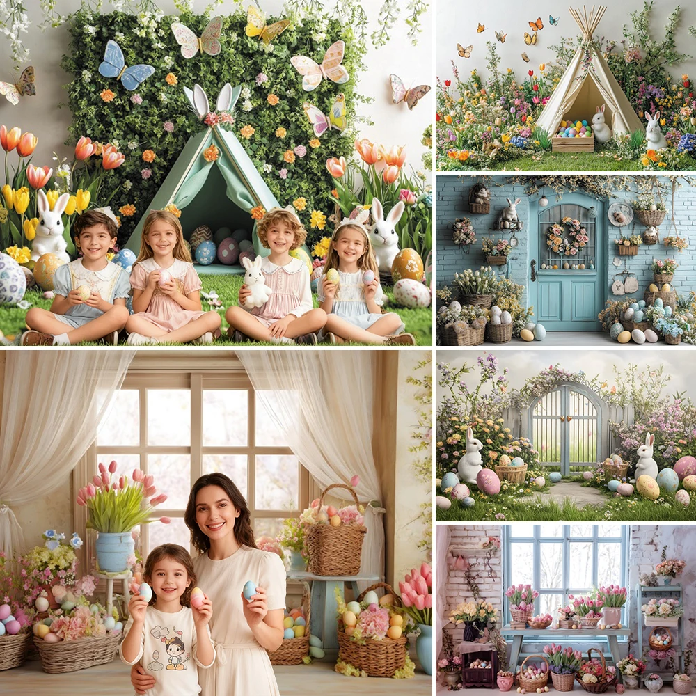 Ostern Indoor Fenster Fotografie Hintergrund Frühling Gras Zelt Blume Kaninchen Eier Kinder Familie Porträt Hintergrund Foto Studio Prop