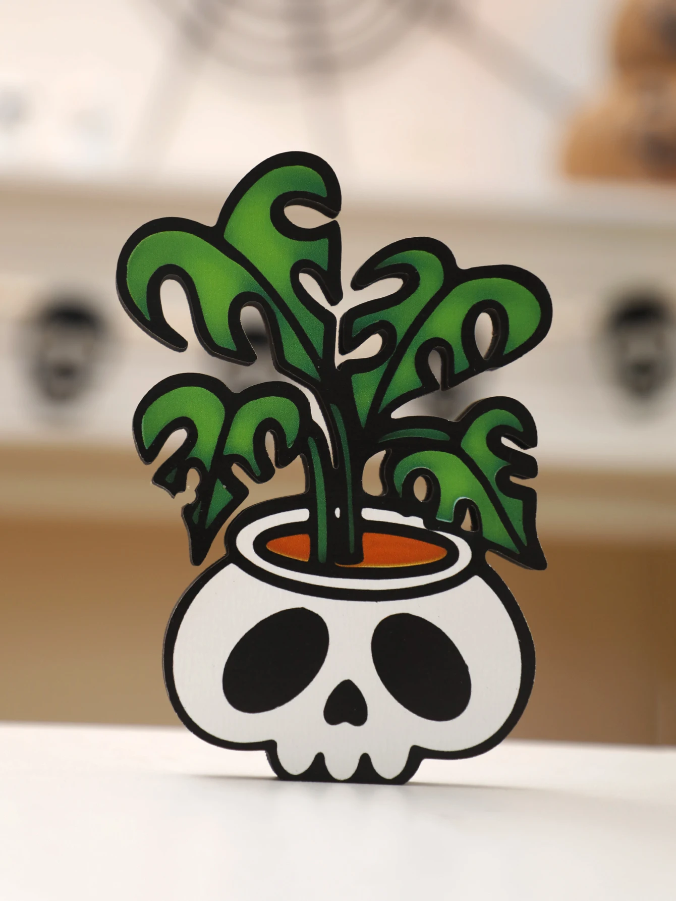 

Декор стола с черепом на Хэллоуин - деревянное украшение в стиле бохо, горшок с черепом и зеленым листом, праздничный декор для рабочего стола для дома/вечеринки