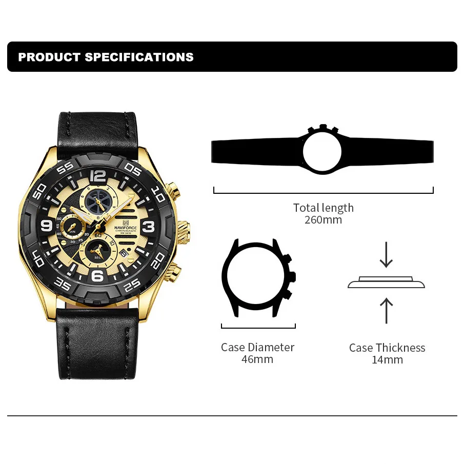 NAVIFORCE Brand Luxury Men Watch Waterproof Luminous Chronograph Sport Leather Strap Date Quartz Wristwatches Relogio Masculino