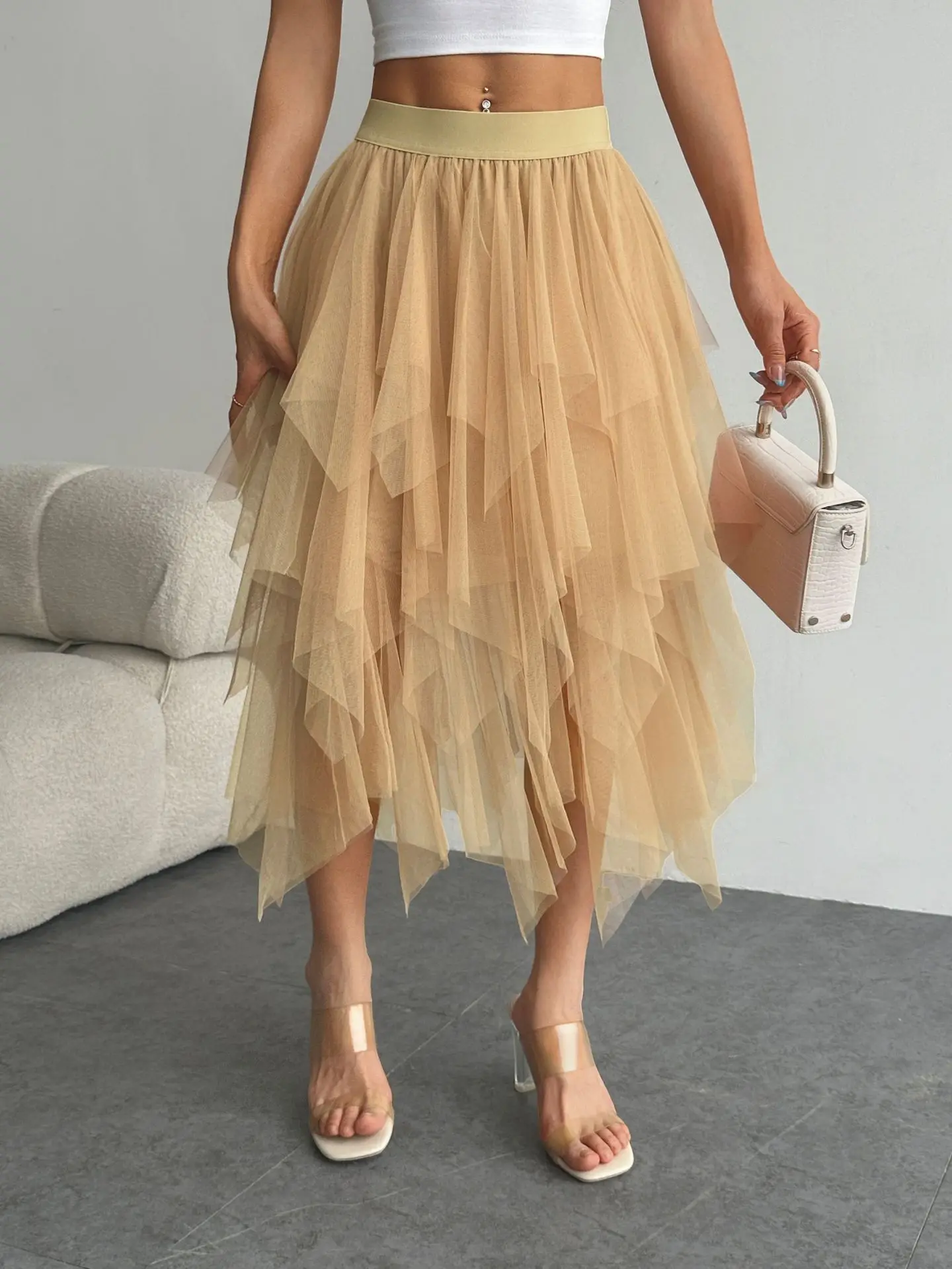 

High Waist Asymmetric Net Skirt Women's Mid-Length Spring New Style Slimming Skirt Polyester Fiber Plain Color Decorative Tulle