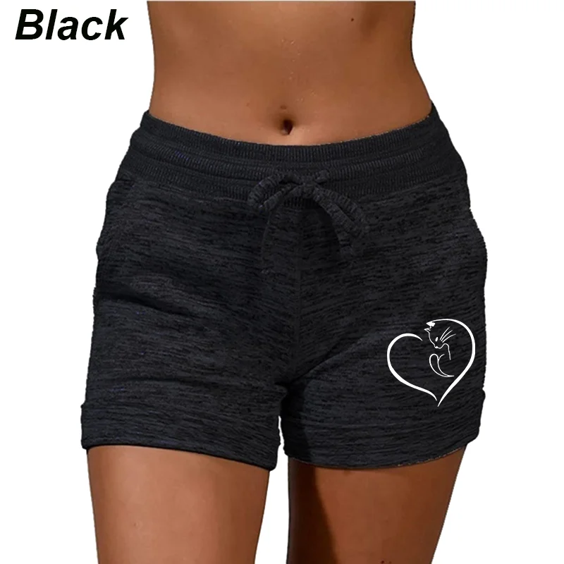 Women's cute cat printed beach shorts, summer quick drying sports and fitness shorts, high waisted yoga shorts