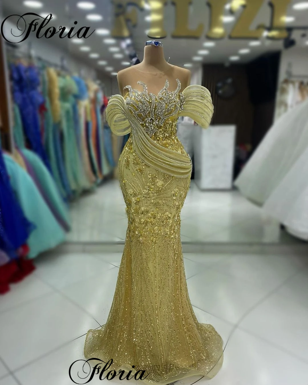 Yellow Glitter Cocktail Dresses With Crystals Off Shoulder Elegant Celebrity Dresses Mermaid Vestidos De Cóctel Party Gowns