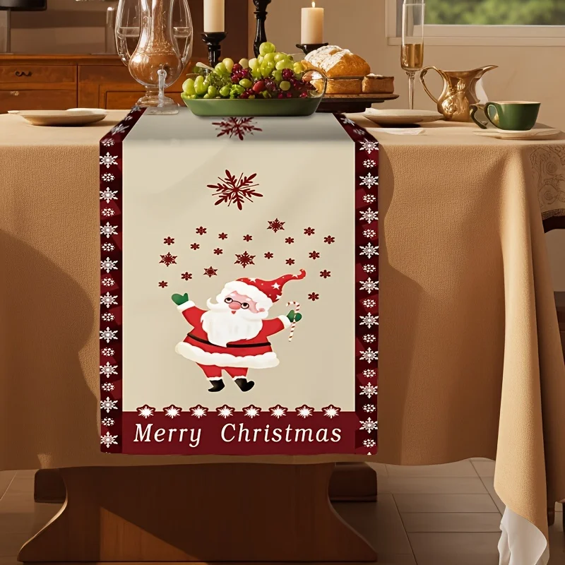 Christmas Table Runner, Polyester Fabric with Santa Claus Design, Woven Holiday Table Decor, Solid Color Square Shape