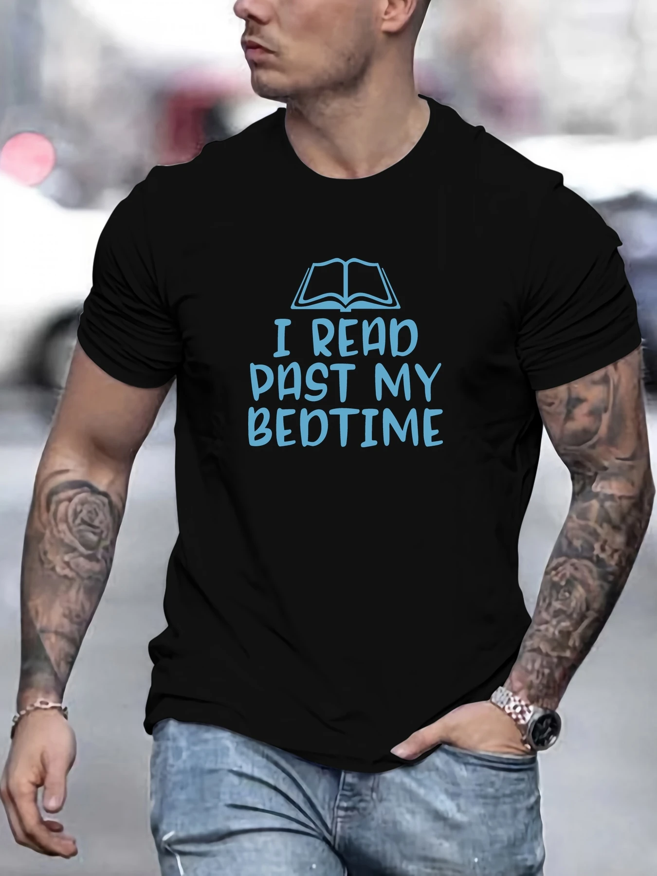 

Men's I READ PAST MY BEDTIME pattern summer casual crew neck short T-shirt