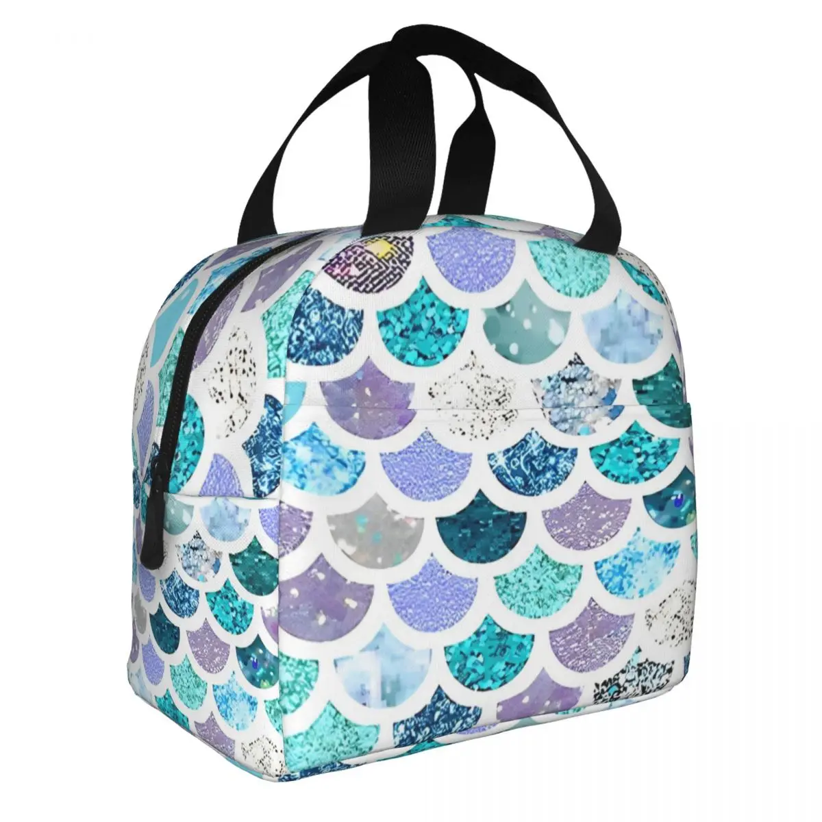 Glitter Mermaid Scales Print Insulated Lunch Bag Large Reusable Thermal Bag Tote Lunch Box School Picnic Girl Boy