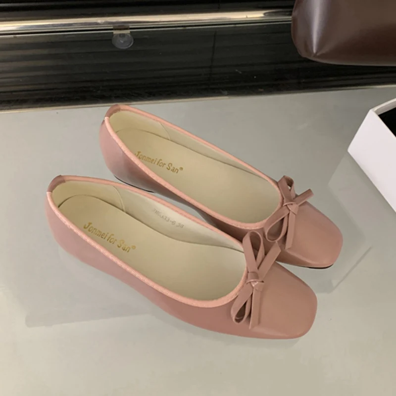 French Square Toe Bow Flats Shoes 2024 New Autumn Shallow Fairy All-match Gentle Office Dress Wedge Heels Pumps Female Ballerina