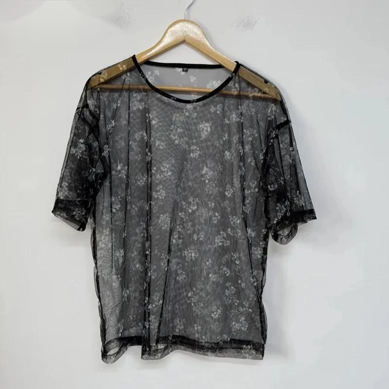 Breathable Male Tees Ultra-Thin Printed Sheer Mesh Design Loose Men's Short Sleeve T-Shirt Handsome Loose Menswear XDE3