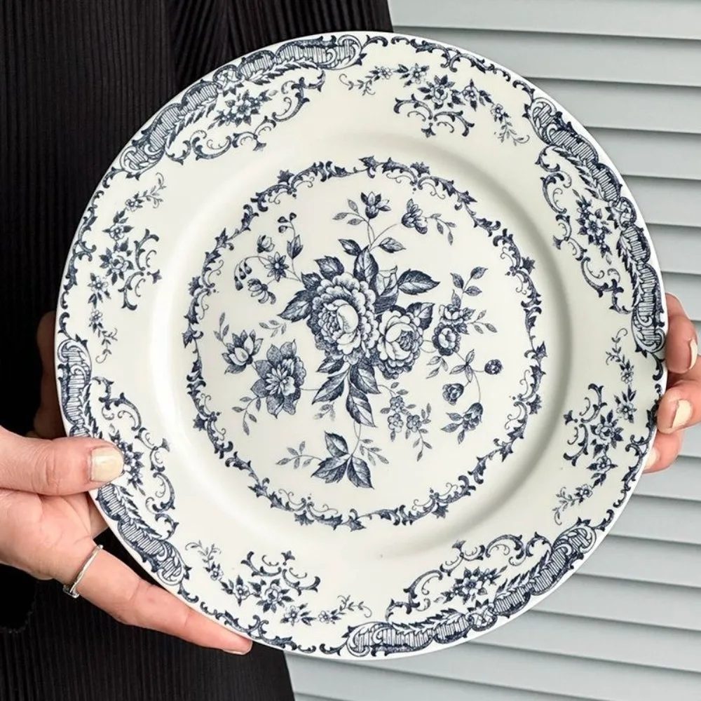 

Dinner Set Retro Nordic Flower Pattern Disc Round Ceramic Shallow Plate Exquisite Light Luxury Dinner Plate Restaurant