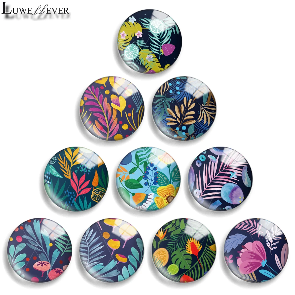 10mm 12mm 20mm 25mm 30mm 40mm 808 Leaves Black Painting Mix Round Glass Cabochon Jewelry Finding 18mm Snap Button Charm Bracelet