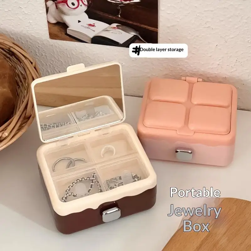 صندوق تخزين صغير للشوكولاتة بطبقة مزدوجة مع مرآة صندوق محمول أقراط وقلائد وخواتم صندوق تخزين العناصر النثرية