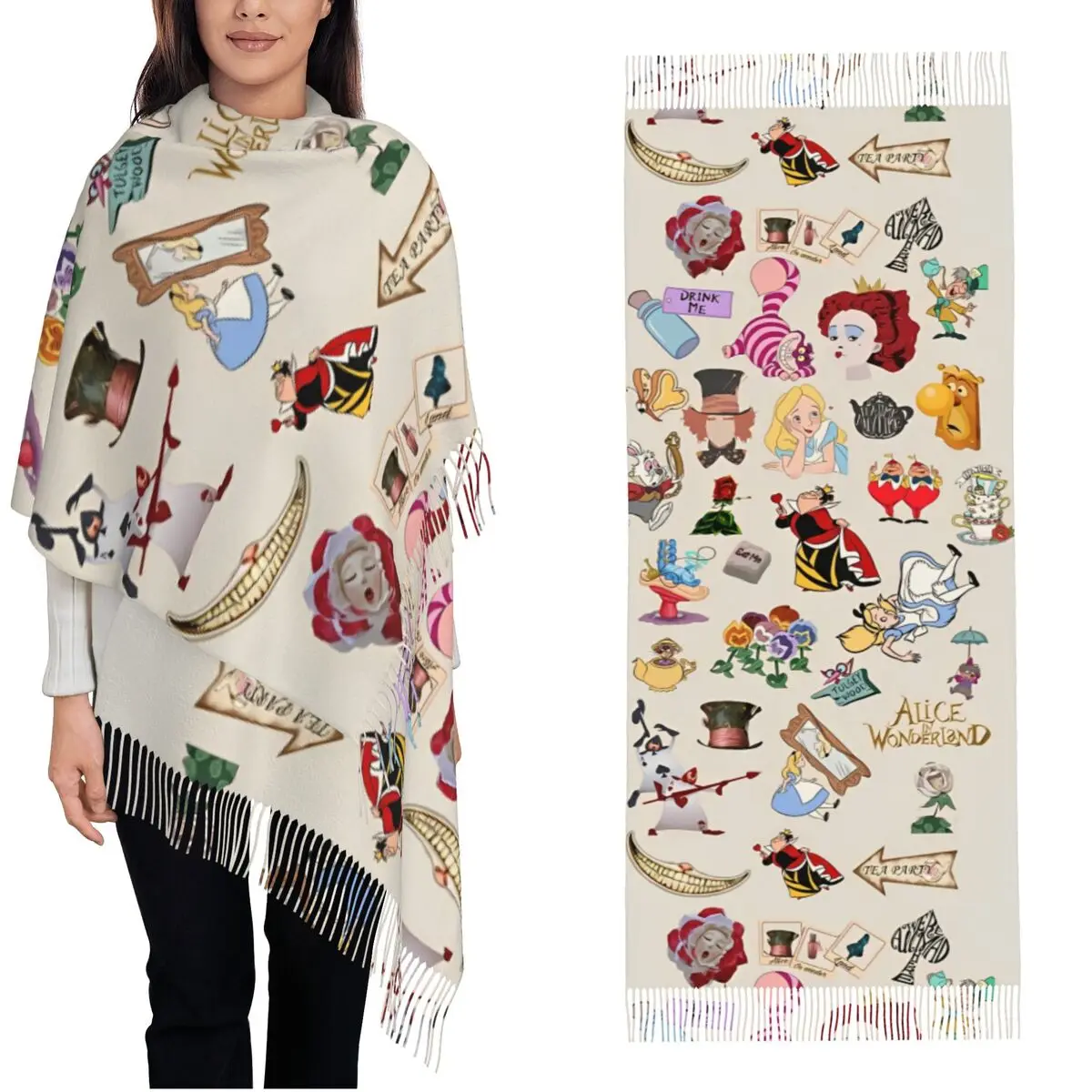 Alice In Wonderland Cartoon Shawls Wraps Womens Winter Large Long Scarf The Red Queen Pashminas Shawl Scarves