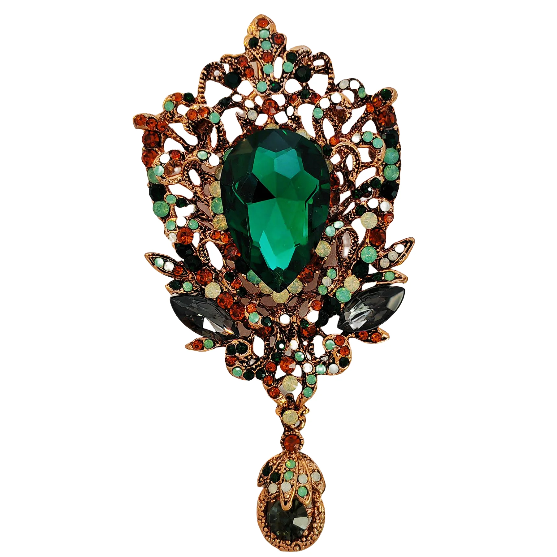 

Amazing Gold Tone Green Pear Rhinestone Domed Floral Drop Brooch Pin Victorian Vintage Costume Women Dress Gown Mother Jewelry