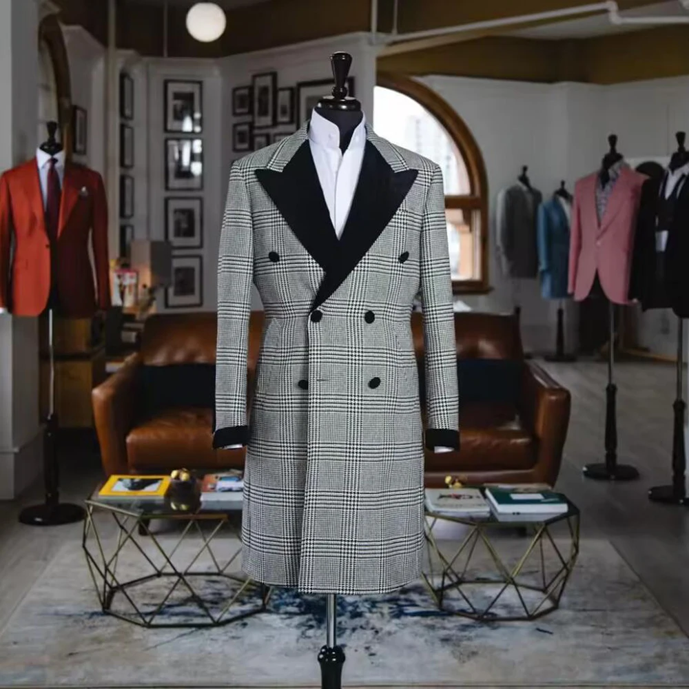 Cappotto lungo da sposa da uomo classico a griglia doppio petto con risvolto con visiera formale da festa d'affari cappotto da sposo personalizzato