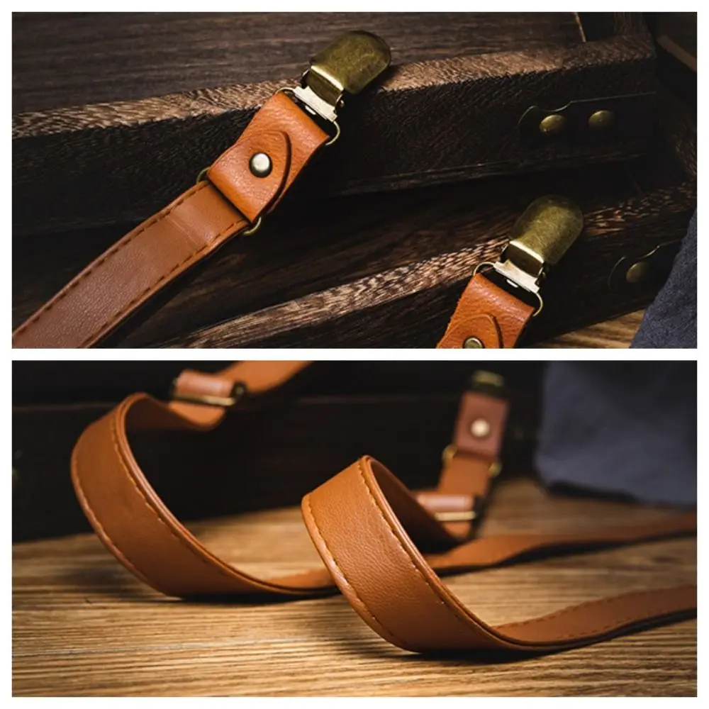 Simple Black Suspenders for Men Retro Brown Leather Suspenders Metal Clip Anti-slip Suspender Clip Men