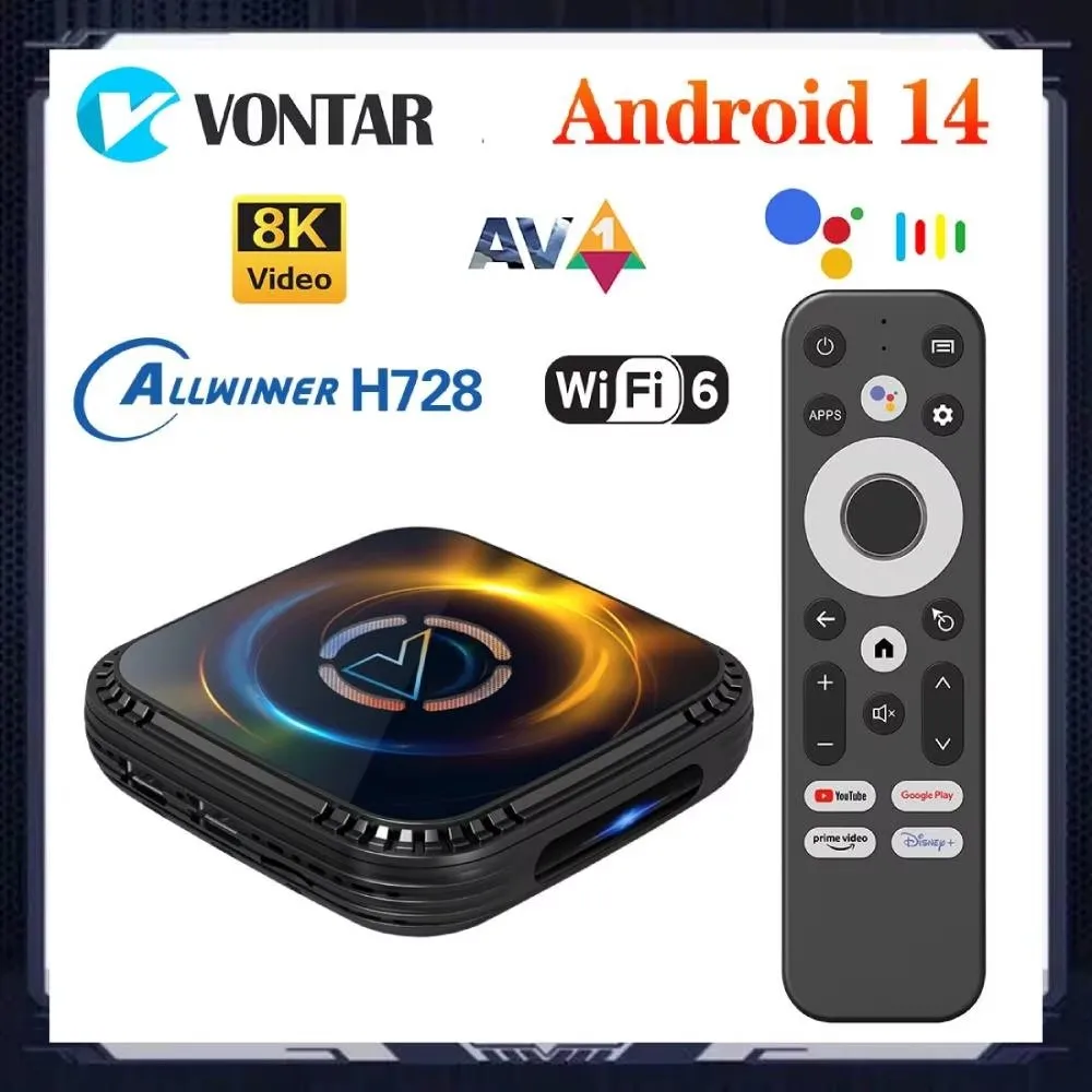 VONTAR Allwinner H728 Android 14 TV Box ثماني النواة مروحة تبريد تدعم AV1 8K فيديو 4K @ 60fps 1000M أندرويد 14.0 فك التشفير