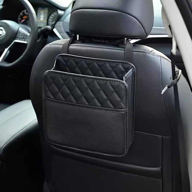 Faux Leather Car Seat Back Storage Bag - Spacious Hanging Organizer for Water Bottles, Travel Mugs & Accessories
