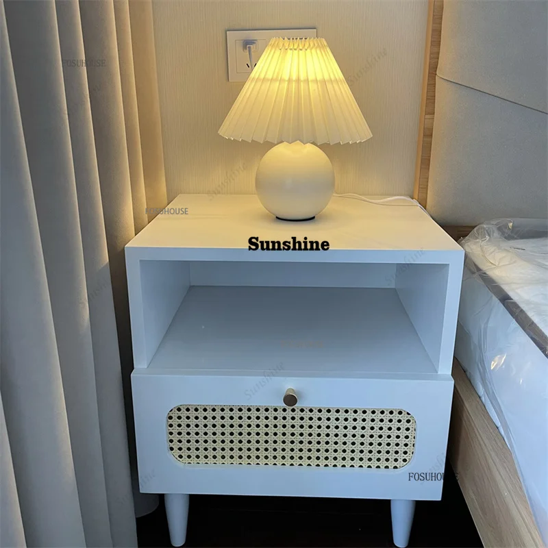

Nordic Wooden Bedside Table for Bedroom Furniture Minimalist Rattan Creative Nightstand Simple Retro Storage bed Side Cabinet