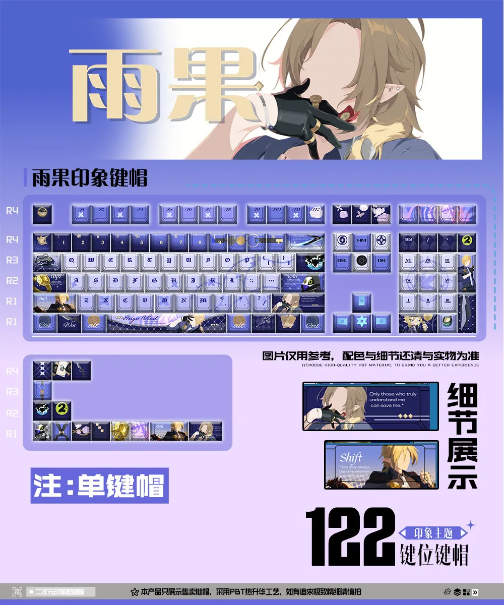 122 Keys Zenless Zone Zero Hugo Vlad Keycap PBT DYE-Sub Cherry Profile Keycaps for Mechanical Keyboards Made68 Mad68 Wooting60