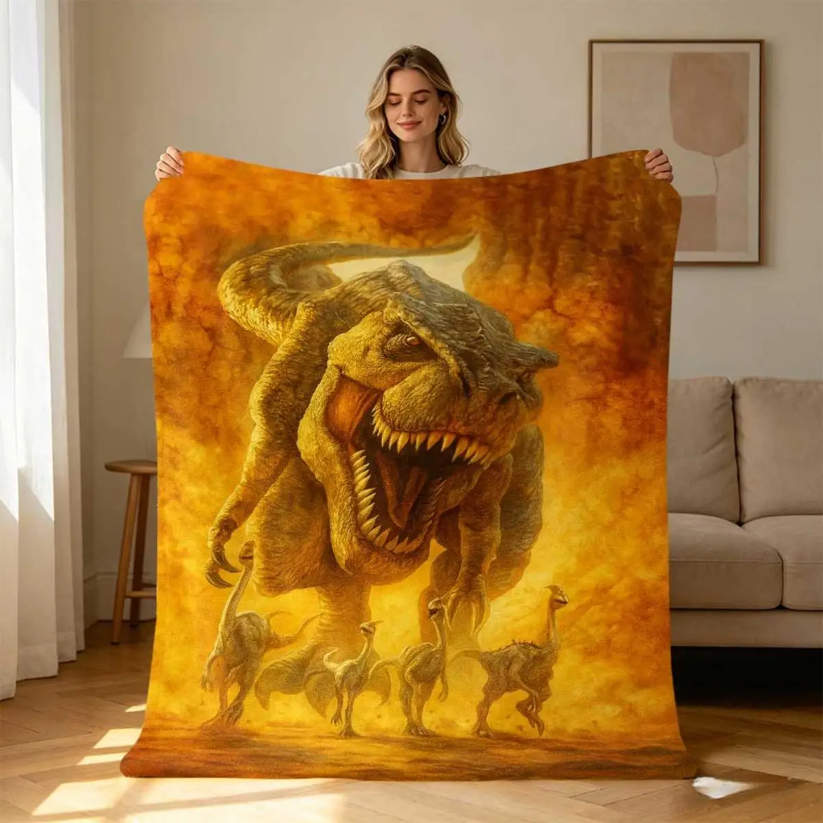 Roaring T-Rex Dinosaur Throw Blanket Tapestry Jurassic Jungle Scene Prehistoric Wildlife Art Print for Kids Nursery Decor Gifts