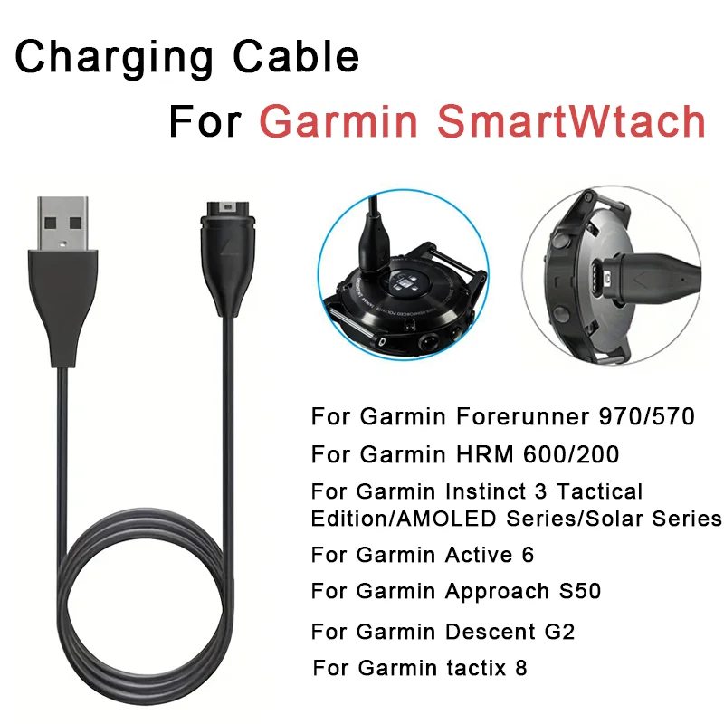 100cm USB Charging Cable For Garmin Fenix 8/7/7S/7X/6/6S/6X/5/5S/5X Forerunner 45 165 245 255 265 645 955 965 Vivoactive 5 Venu