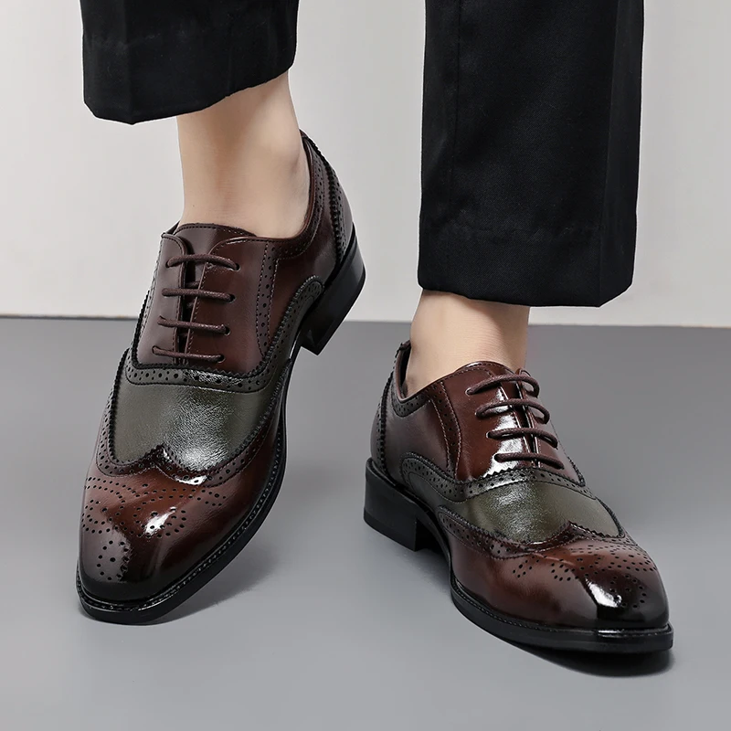 

Spring New Fashionable Men's Comfortable Block Low Top Leather Shoes High Quality Round Toe Carved Business Lace Up Oxford Shoes