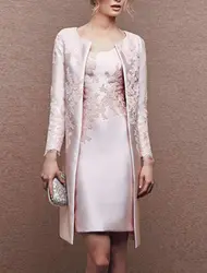 Elegant Pink Scoop-Neck Knee-Length Satin Lace Long Sleeve Jacket Mother of the Bride Dress Wedding Guest Formal Occasion