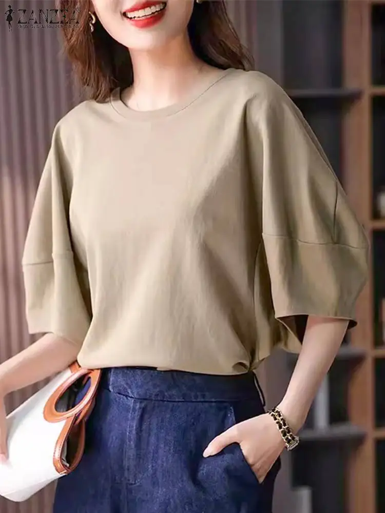 ZANZEA Women Puff Half Sleeve Blouse Fashion Round Neck Blusas 2024 Summer Solid Holiday Shirts Casual Loose Basic Tunic Tops