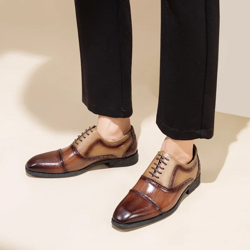 Luksusowe męskie buty Brogue Square Toe Mixed-Colors Men Dress Shoes Business Office Flats Eleganckie męskie buty ślubne na imprezę Duży rozmiar — zdjęcie 7