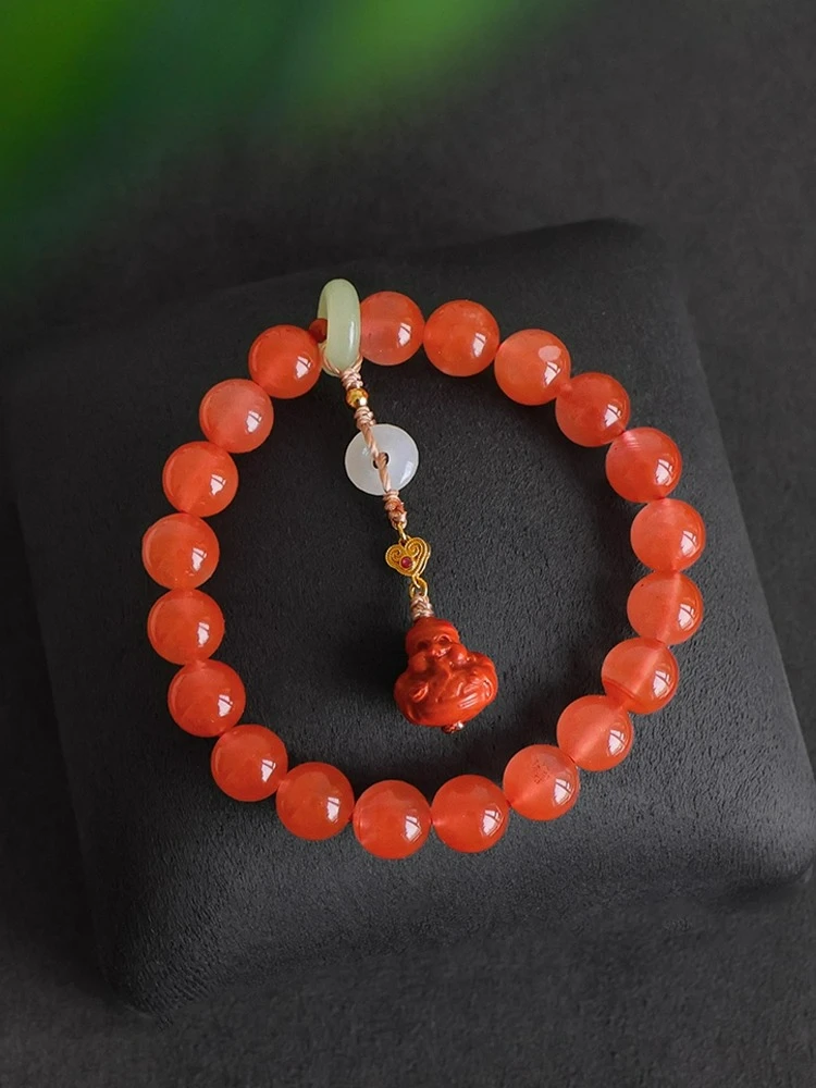 

Natural Red Agate Bracelet - 18K Gold Carved God of Wealth Pendant with Hetian Jade, Wealth Attraction Gemstone Jewelry