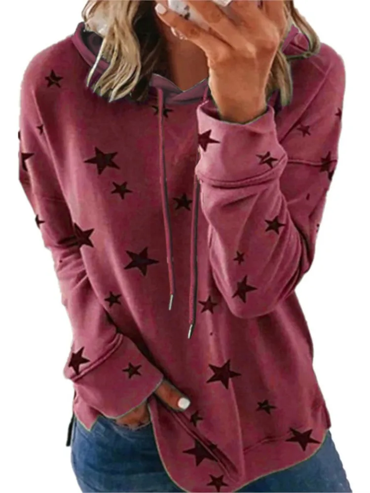 

New Autumn Winter Women's Fashion Star Print Plus Size Casual Loose Comfortable Hooded Drawstring Hoodie For Women