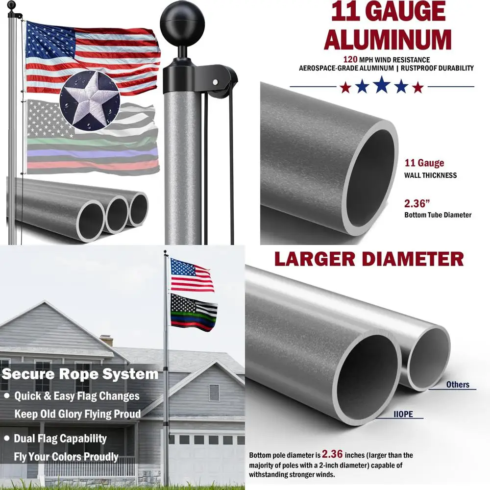 

Прочный алюминиевый флагшток на 30 футов, 11 калибра для жилых и коммерческих использования, разработанный для сопротивления ветру 120 миль в час.