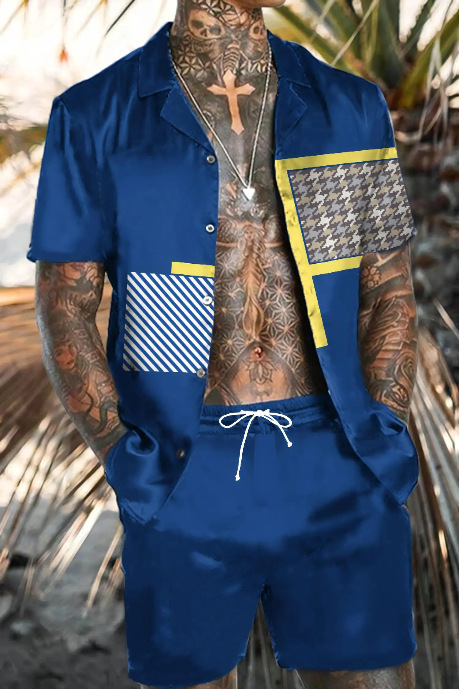 Men's Shirt 2 Piece Sets Summer Short Sleeve Shirts Beach Shorts Buttons Stand-up Collar Drawstring Trunks Suits Men's clothing
