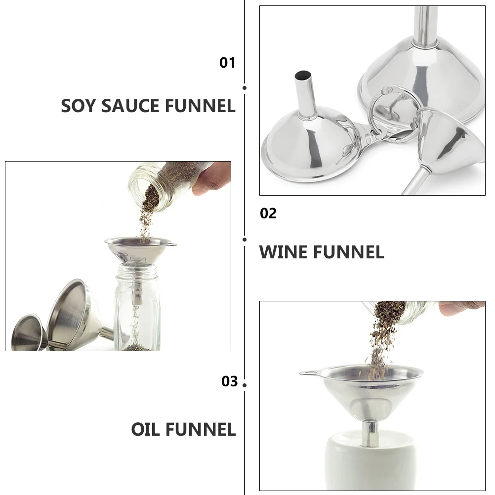 

3pcs Mini Funnel Set Stainless Steel Kitchen Funnel For Liquid Oil Wine Dispensing Home Use Tools Cooking Gadgets
