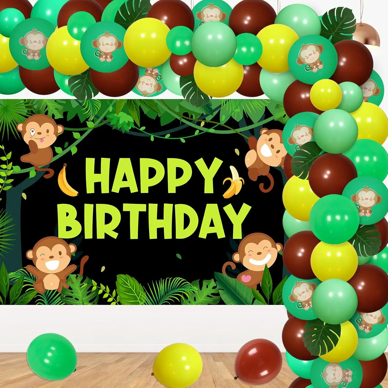 Funmemoir Monkey Birthday Party Decorations Monkey Balloon Garland with Backdrop Monkey Banana Foil Balloons Artificial Leaves