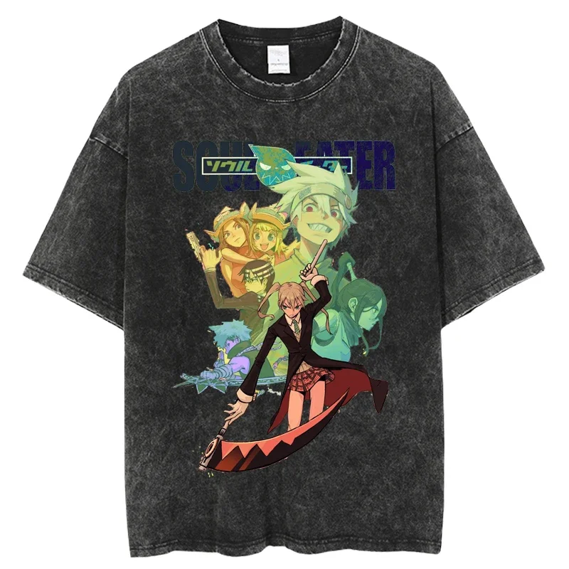 Japan Anime Lover Soul Eater Printed T Shirt Men Washed Cotton Casual Loose Manga Tee Harajuku Street Vintage T-shirt Hot Sale