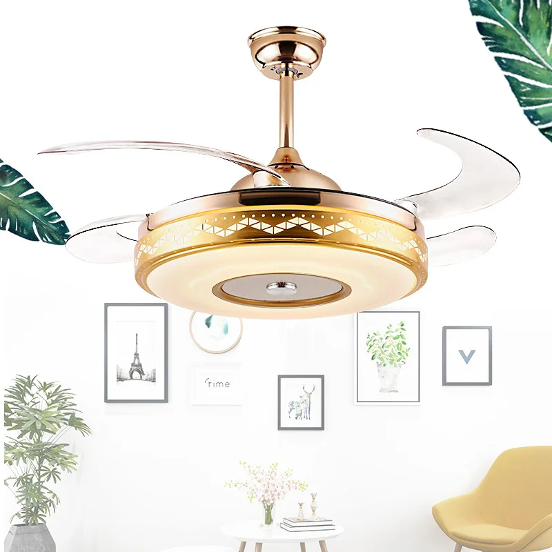 110V 220V Invisible Music Bluetooth Ceiling Fans With Light 42 Inch Gold Fan Lamp Remote Control APP RGB Color Light Fans