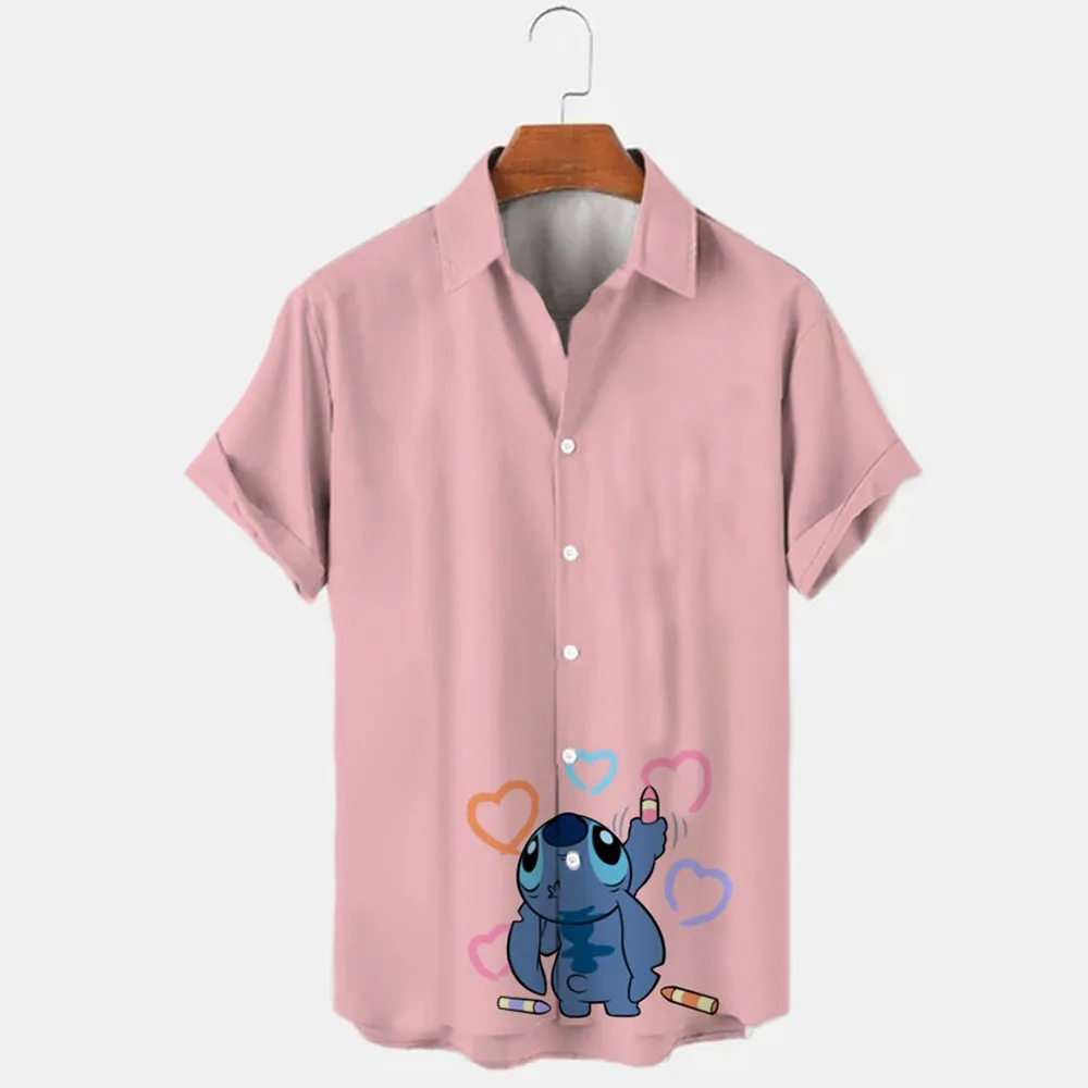 Mickey e Stitch desenho animado blusa impressão 3D, lapela casual, camisa de praia de peito único, estilo Harajuku, fofa, nova, verão, 2022