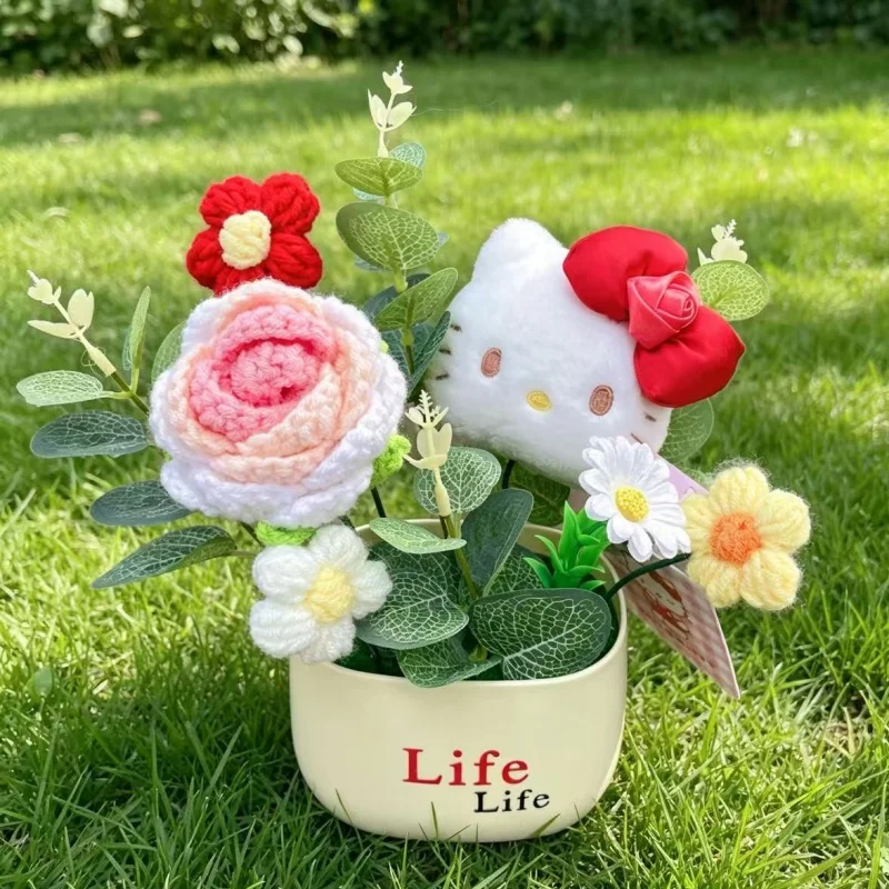 Echte Hellokitty Plüschtiere mit Gehäkelten Blumen Kreative Sträuße Tischdekoration für Zuhause Weihnachts- Geburtstags- und Neujahrsgeschenk – Detail 2