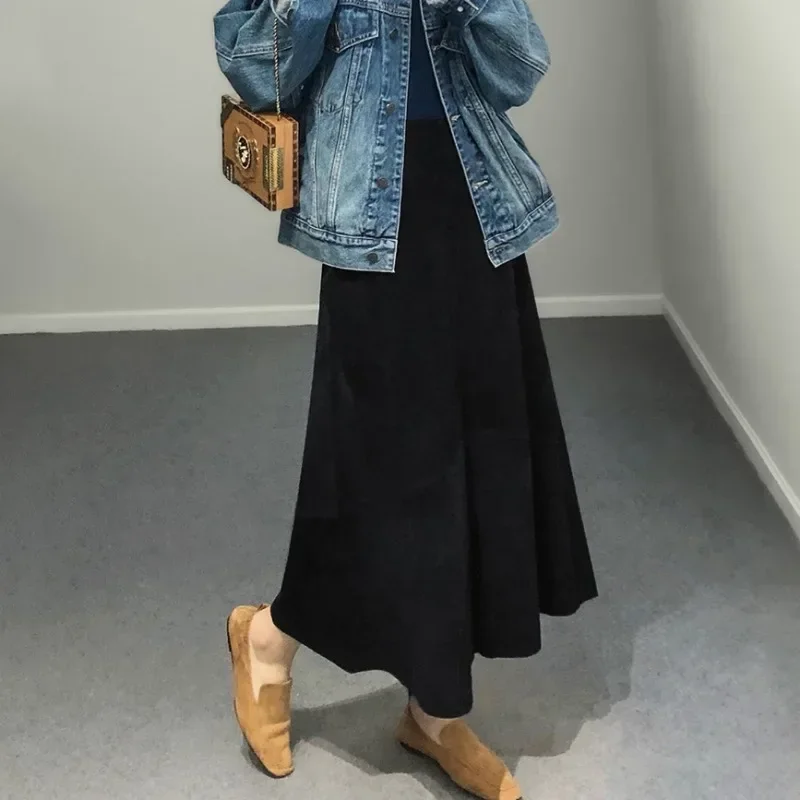 2025 New Solid Style High Waist Women Reversed Velvet Simple Umbrella Long Genuine Overknee Sheepskin Leather Skirt Purple