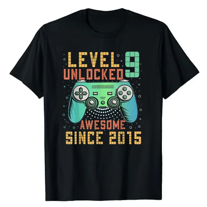 Level 9 Unlocked Awesome Since 2015 Gaming T-Shirt 9th Birthday 9-Years-Old Boy Gifts Gamer Tee Tops Cool Sons B-day Presents