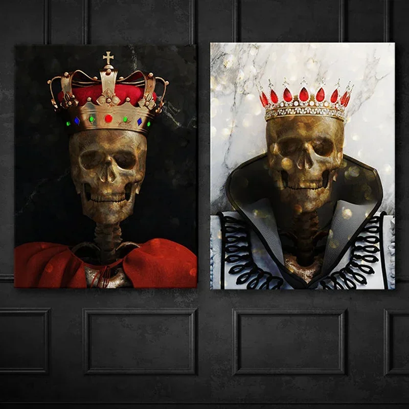 Skeleton King & Queen Poster Royal Crown Gold Couple Medieval Duo Luxury Canvas Set Wall Art Pop Living Room Home Decor Painting