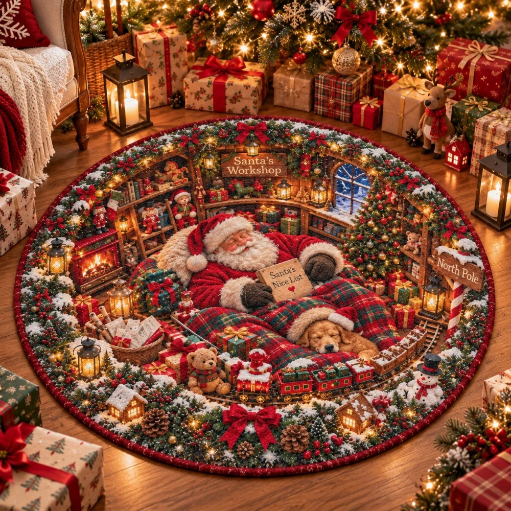 Christmas Workshop Entryway Circle Rug Sleeping Dog Round Rug Cozy Style Living Room Bedroom Warm Area Rug Souvenir
